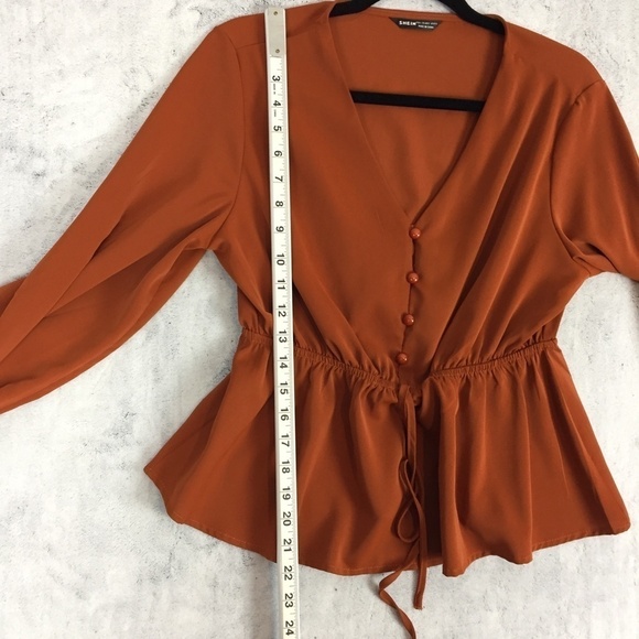 Shein Blouse Top Sz Large Elastic Waist Balloon Sleeves Flare Hem Burnt Orange - Picture 10 of 12